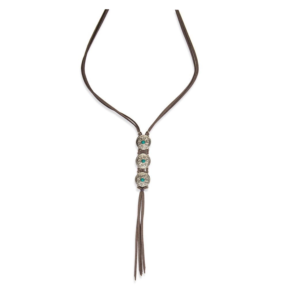 Myra Silver Mare Mini Concho Leather Fringe Bolo Necklace - Picture 2 of 2